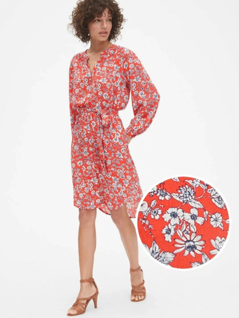 GAP Dress Womens Large Red Floral Button Front Tie Waist Long Sleeve Rayon